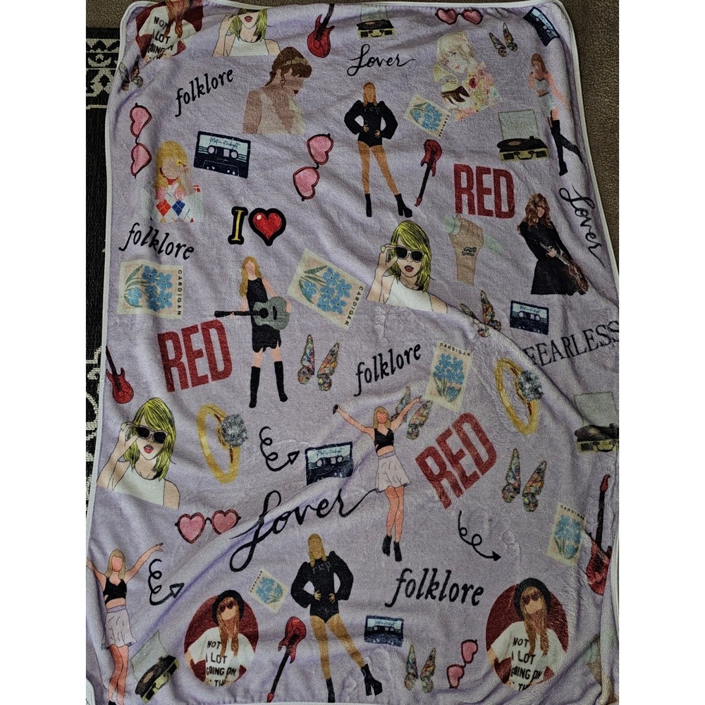 Taylor Swift Eras Collage Plush Throw Blanket Purple Folklore Red Lover Fearless